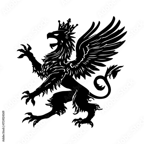 Majestic Griffin with Crown and Powerful Wings Detailed Silhouette Emblematic Creature Heraldic Symbol of Strength and Nobility