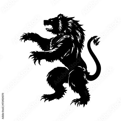 Ferocious black bear rampant heraldic symbol roaring with sharp claws and teeth, powerful animalistic mascot