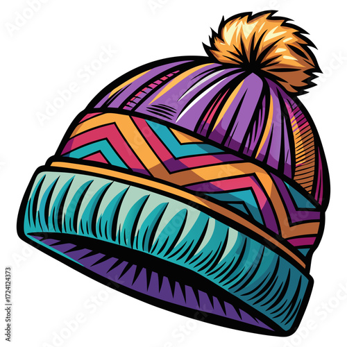 Illustration of a colorful winter hat with pom pom knitted beanie cap for cold weather fashion style