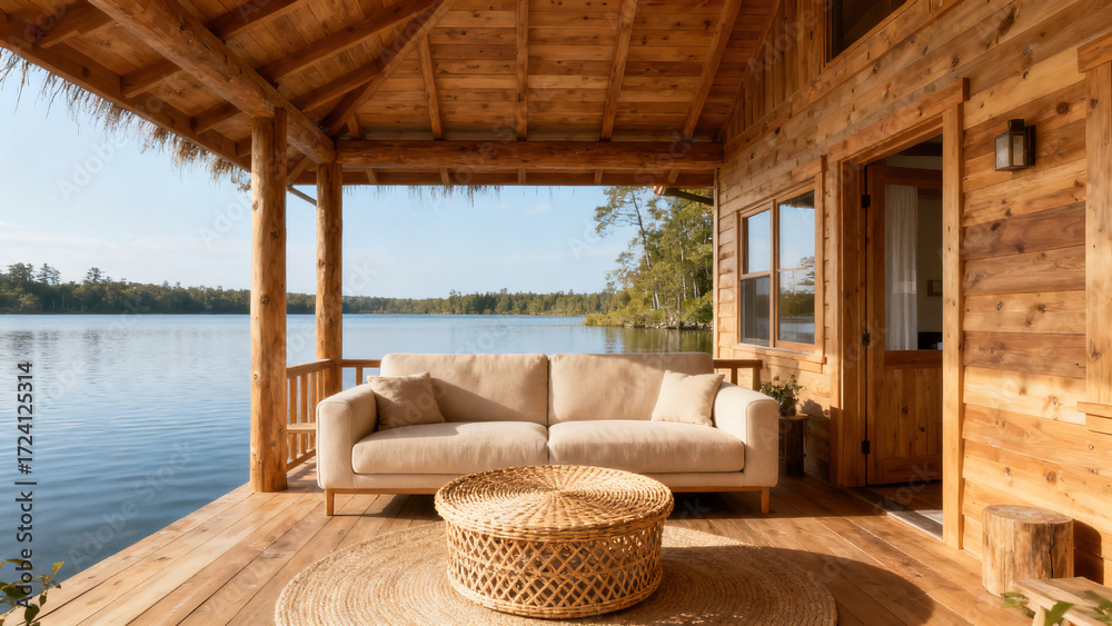 Obraz premium Rustic Modern Wooden Lakeside Living Room
