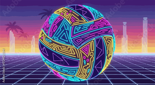 Retro wave volleyball on grid against sunset sky evokes nostalgia of 80s aesthetic, reminiscent of retro wave volleyball.