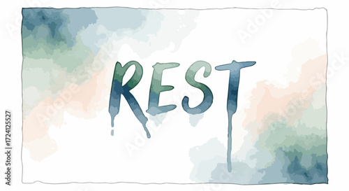 Graphic depiction of word rest over abstract watercolor background, perfect for calming designs. Rest message promotes relaxation, mental health awareness with blended pastel colors.