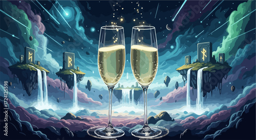 Two champagne flutes filled with sparkling wine against surreal landscape evoke celebratory mood.