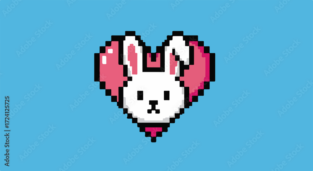 Obraz premium Pixel art bunny in heart, a delightful digital illustration of pixel art bunny with pink heart shape. Charming pixel art bunny for festive occasions and joyful celebrations,