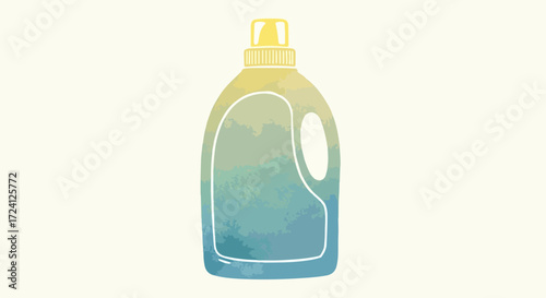 Laundry detergent depicted as liquid in a bottle, presented in flat style. Bottle of laundry detergent in yellow and blue gradient features a light color palette.