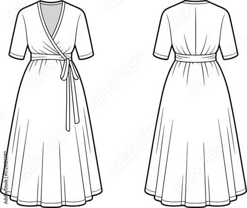 Wrap dress CAD flat sketch, women’s midi dress vector, short sleeve gown illustration, tie waist fashion design, front and back technical drawing