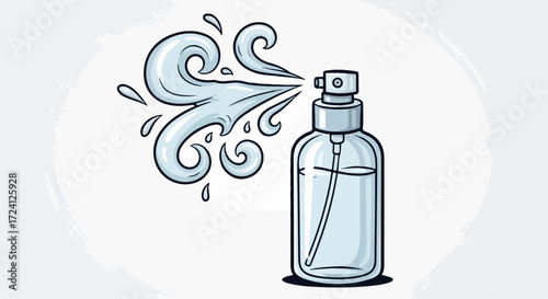 Spray bottle in action showcases a misting liquid, captured in cartoon style. Spray bottle use presents a dynamic visual of spraying liquid, depicting cosmetic or cleaning purposes.