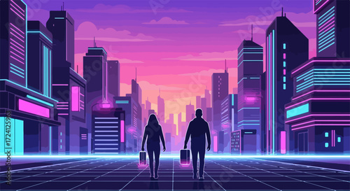 Couple cityscape silhouettes walk on a neon grid road at night, couple cityscape scene set against futuristic buildings and pink sky.