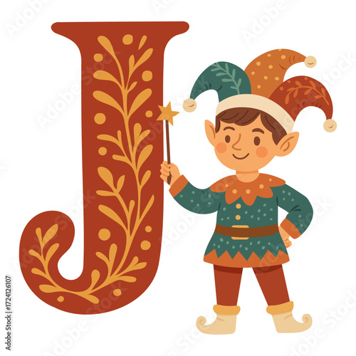 Cheerful jester with floral Letter J, whimsical folk style vector for alphabet learning, nursery posters, name initials, kids’ books, flashcards, emblems, and playful classroom decor