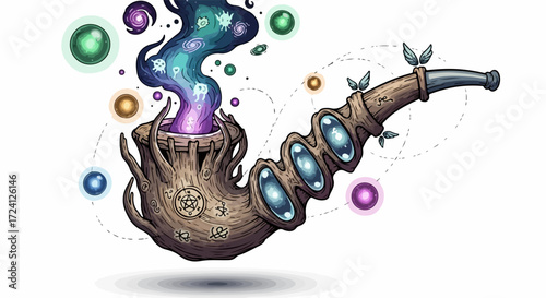 Fantasy pipe with magical smoke for creative inspiration. Unusual fantasy pipe creates clouds of nebulas, colorful bubbles and gears.