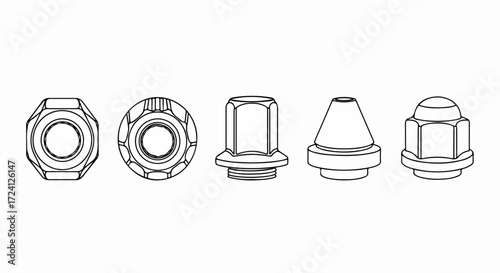 Wheel nut set showcasing different types of screw fasteners for automotive use, presented as line drawing. Detailed set of wheel nut designs highlights various cap and thread profiles.