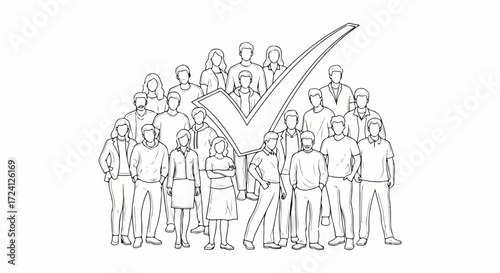 Crowd with checkmark symbolizes choice, approval and agreement on white background. Crowd drawing concept visually represents society's preferences and collective decisions.