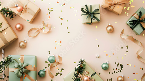 Wallpaper Mural Christmas gift boxes, ribbons, baubles and confetti on beige background. Festive flat lay with copy space. Torontodigital.ca