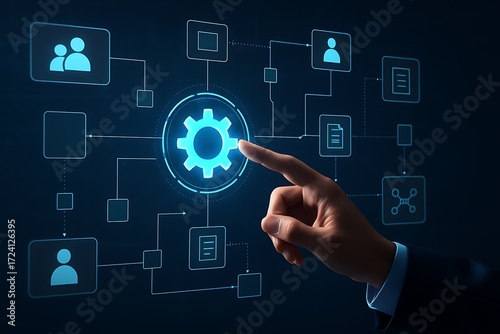 Workflow automation concept with corporate hand pointing holographic settings gear symbolizing productivity management system technology organization teamwork business process optimization