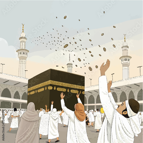 Illustration of pilgrims at Kaaba in Mecca during Hajj with golden coins in the sky