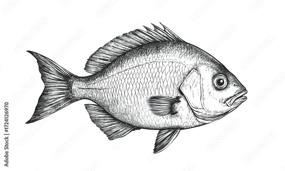 Obraz premium Fish sketch dorado gilt-head bream. Vintage retro print, black white gilt-head bream fish sketch ink pencil style drawing, linear drawing, engrave old school. Sketch artwork dorado fish. Illustration