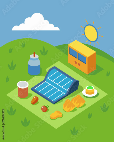 A modern picnic on a grassy field was perfectly accompanied by a solarpowered battery pack its panels skillfully blending in with the serene surroundings.. Vector illustration