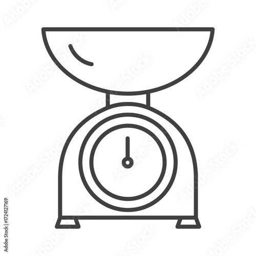 Analog kitchen scale linear icon. Minimal outline design for retro cooking, recipe accuracy, food weighing and kitchen utensil collection. Retro kitchen scales line icon. Editable stroke.
