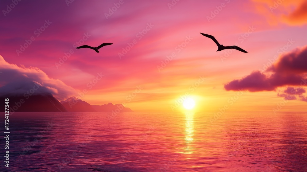Fototapeta premium Serene Sunset Seascape - Two birds fly silhouetted against a vibrant sunset over a calm ocean and mountainous landscape