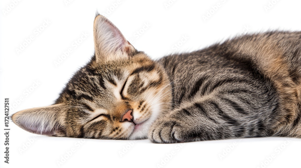 Fototapeta premium Sleeping Tabby Kitten on White Background - Adorable tabby kitten peacefully sleeping on a pure white background. Perfect for pet product websites or blogs