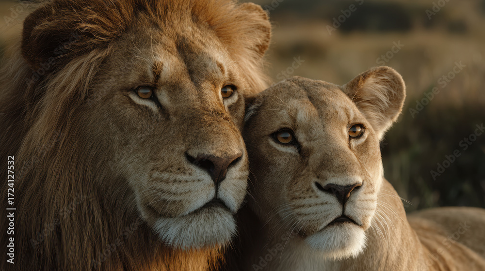Fototapeta premium Majestic lions resting closely together in a serene natural habitat, showcasing their powerful presence and intricate expressions in soft golden lighting.