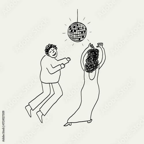 Abstract sketch of dancing couple at disco on isolated background. Hand drawn illustration of people in rhythmic dance movements and glowing mirror ball, activity, new year event. Joy characters