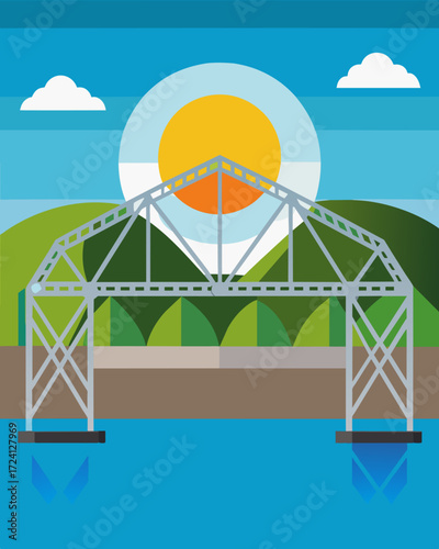 An iconic steel truss bridge spanning a wide river boasting an innovative integration of solar panels along its framework.. Vector illustration