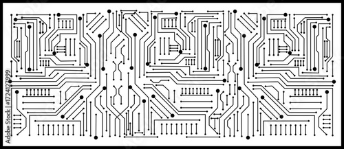 Circuit Board Pattern Icon Black Line Style PCB Symbol of Microchip, Processor, Electronic, Semiconductor, Technology, Digital Hardware Vector