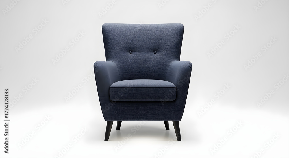 Fototapeta premium Elegant dark blue velvet wingback armchair with tufted back