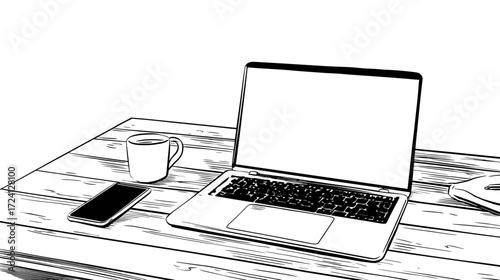 Minimalist workspace with laptop and coffee