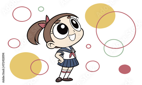 Confident Cartoon Schoolgirl and Colorful Circles