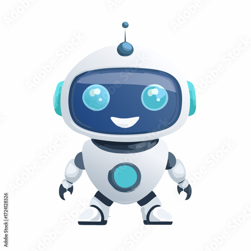 Charming and friendly cartoon robot assistant with a big happy smile. Adorable AI character in a kawaii vector style, representing future technology