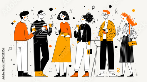 Friends enjoying drinks together in a colorful illustration