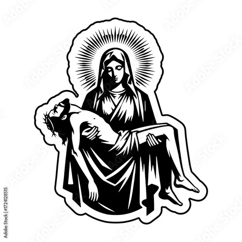 Mother Mary holding Jesus Christ after crucifixion, religious art depicting grief and sorrow, faith concept