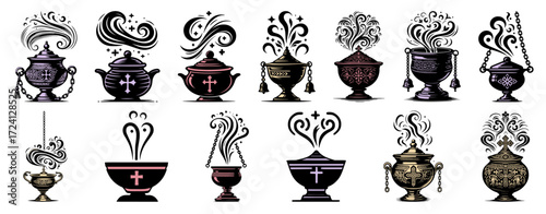 Collection of stylized censer illustrations with crosses and decorative smoke, perfect for religious themes.