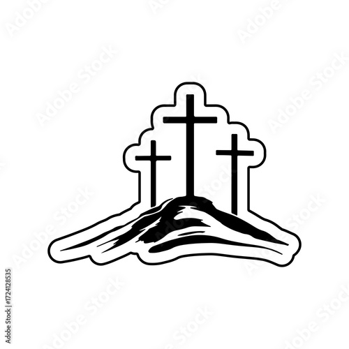 Three crosses on a hill, symbol of faith and Christianity, black and white religious symbol