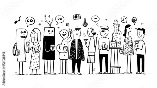 Cartoon characters at a social gathering