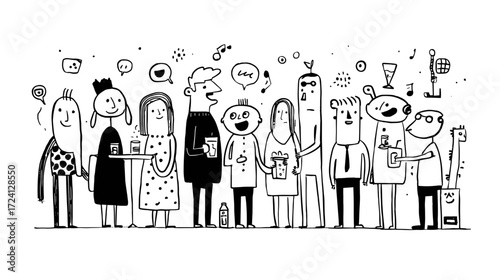 Playful cartoon characters at a social gathering