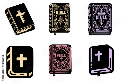 Various illustrations of the Bible, showcasing diverse artistic styles and designs, perfect for religious themes