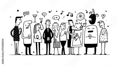 Playful cartoon characters at a social gathering