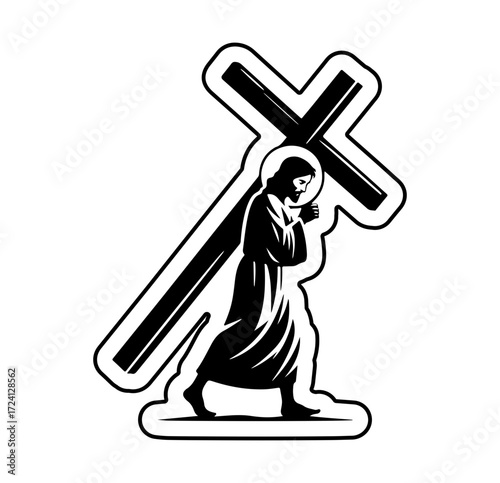 Jesus carrying the cross, a symbol of faith and sacrifice, rendered in a minimalist black and white style
