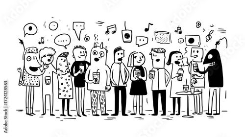 Cartoon characters at a social gathering