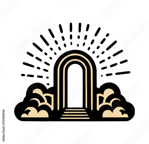Stylized archway with radiant light and clouds, symbolizing hope, transition, and opportunity