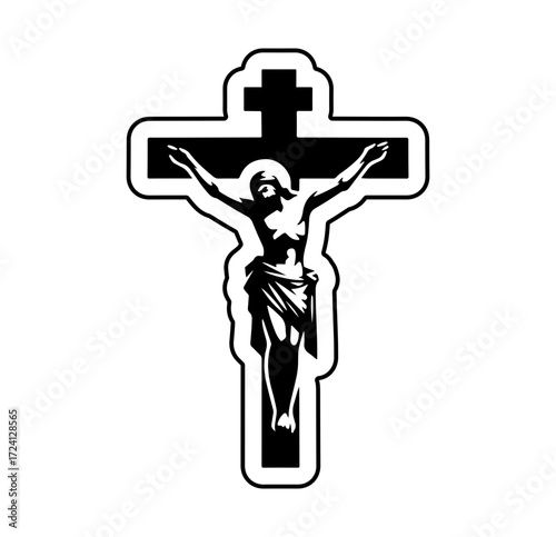 Crucifixion of Jesus Christ outlined in black, religious symbol, Christian faith, graphic design element