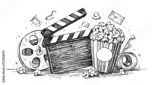 Hand-drawn cinema elements with popcorn and film reel