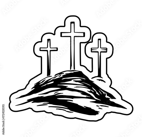 Three crosses on a hill, representing faith, Christianity, and the crucifixion, a symbol of hope.