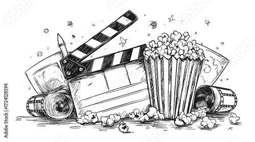 Hand-drawn cinema illustration with popcorn and clapperboard