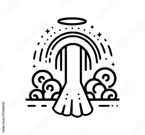 Abstract angel icon with halo, stars, and clouds, representing spirituality and divine concepts in line art