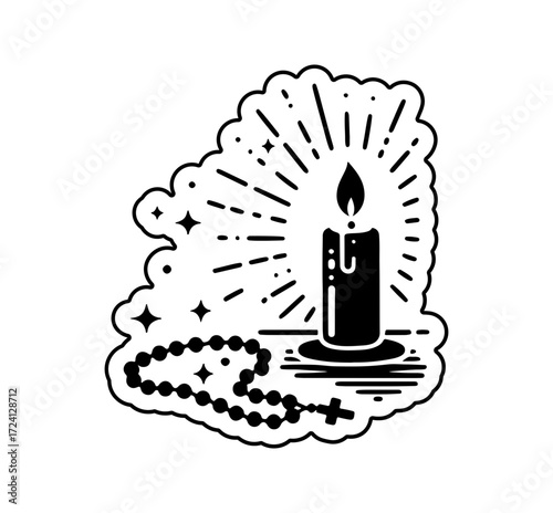 Candle burning brightly next to a rosary, a symbol of faith and spirituality in elegant design