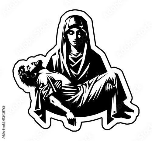 Pieta depiction, mother holding deceased son, Christian religious art, grief and sorrow concept